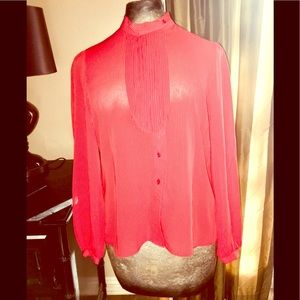 Vintage poly red pinstriped blouse w/ bib detail